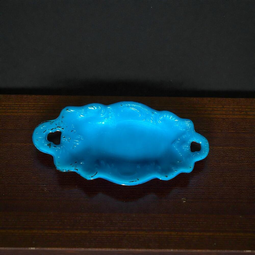 Antique Turquoise Blue Enamelware Oval Tray Scalloped Rococo Border Two Handles